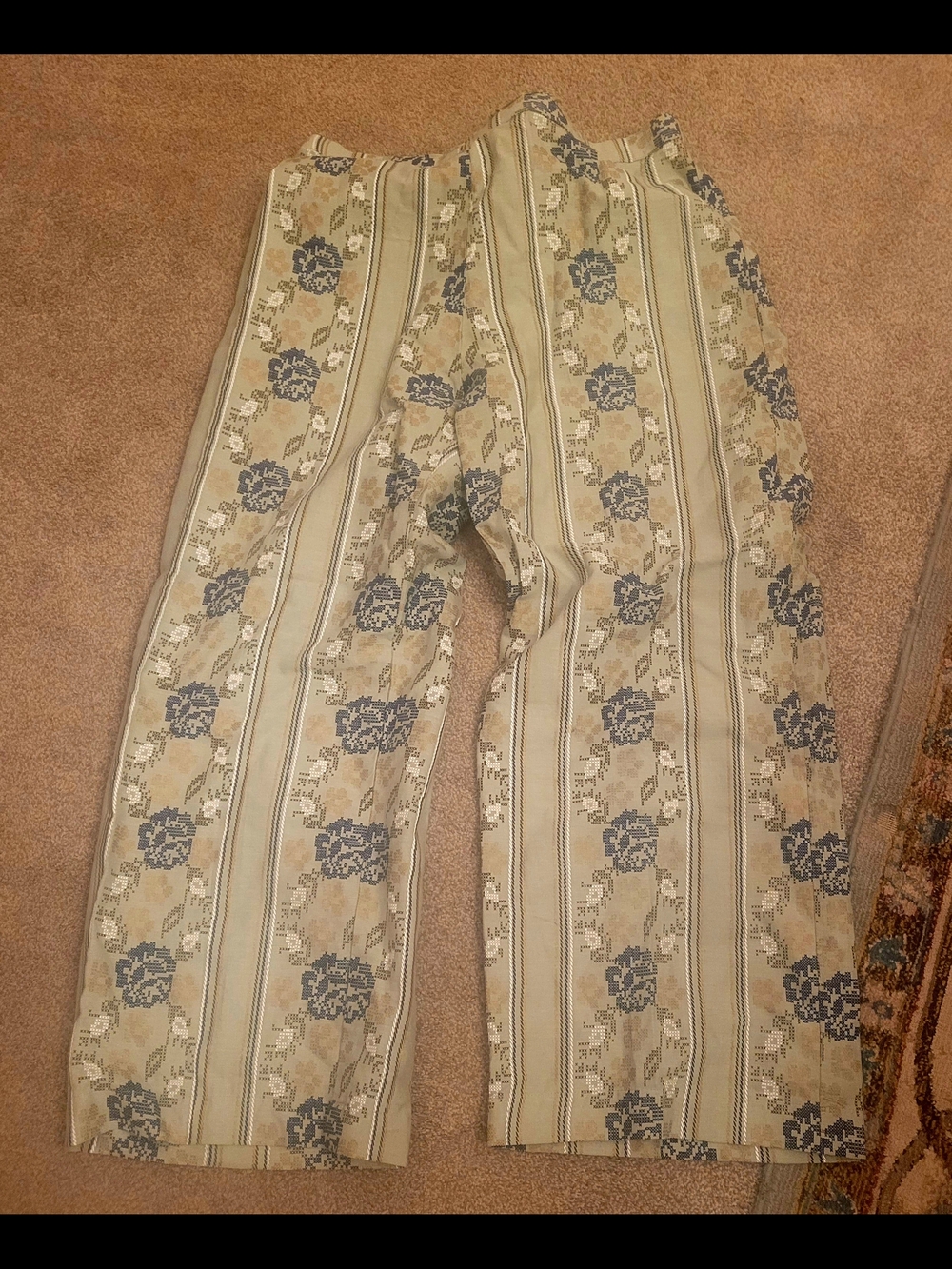 Beige Floral Stripe Wide-Leg Pants